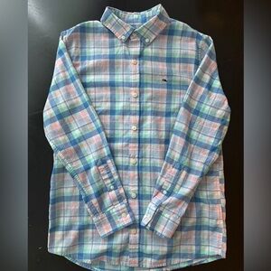Vineyard Vines Boys’ Whale Shirt in Blue, Pink and Green Plaid